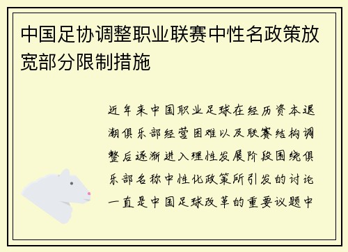 中国足协调整职业联赛中性名政策放宽部分限制措施